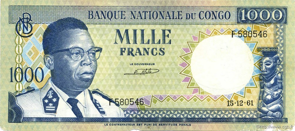 1000 Francs REPúBLICA DEMOCRáTICA DEL CONGO  1961 P.008a BC