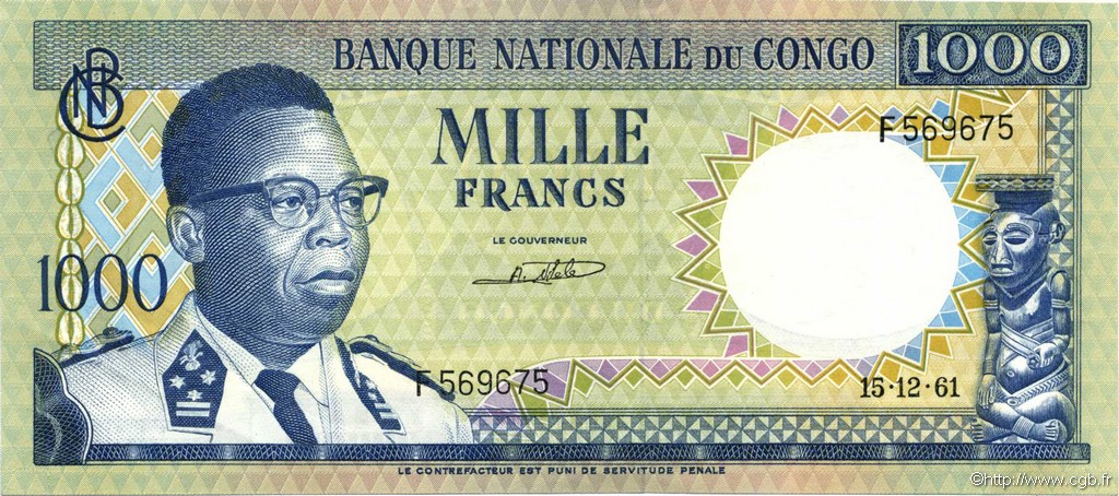 1000 Francs REPUBBLICA DEMOCRATICA DEL CONGO  1961 P.008a q.AU