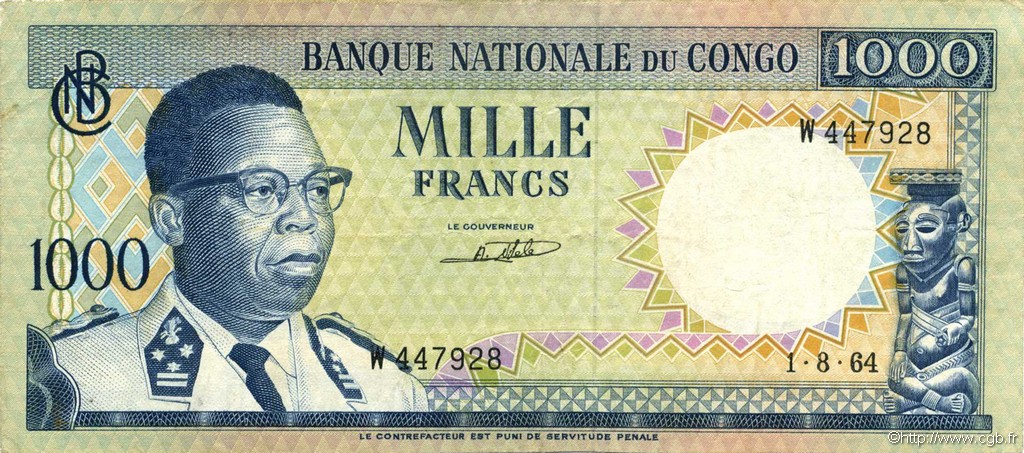 1000 Francs REPUBBLICA DEMOCRATICA DEL CONGO  1964 P.008a BB