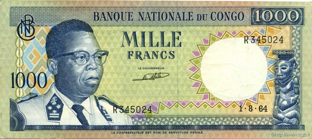 1000 Francs DEMOKRATISCHE REPUBLIK KONGO  1964 P.008a fVZ