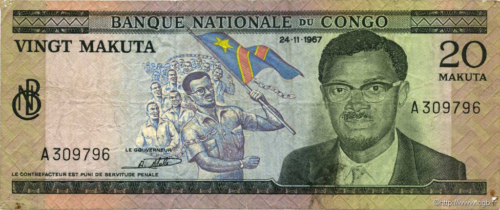 20 Makuta REPúBLICA DEMOCRáTICA DEL CONGO  1967 P.010a MBC