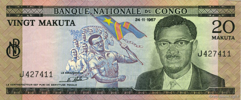 20 Makuta CONGO, DEMOCRATIQUE REPUBLIC  1967 P.010a XF