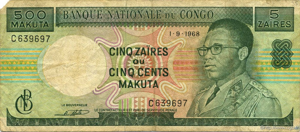 5 Zaïres - 500 Makuta CONGO, DEMOCRATIQUE REPUBLIC  1968 P.013b F