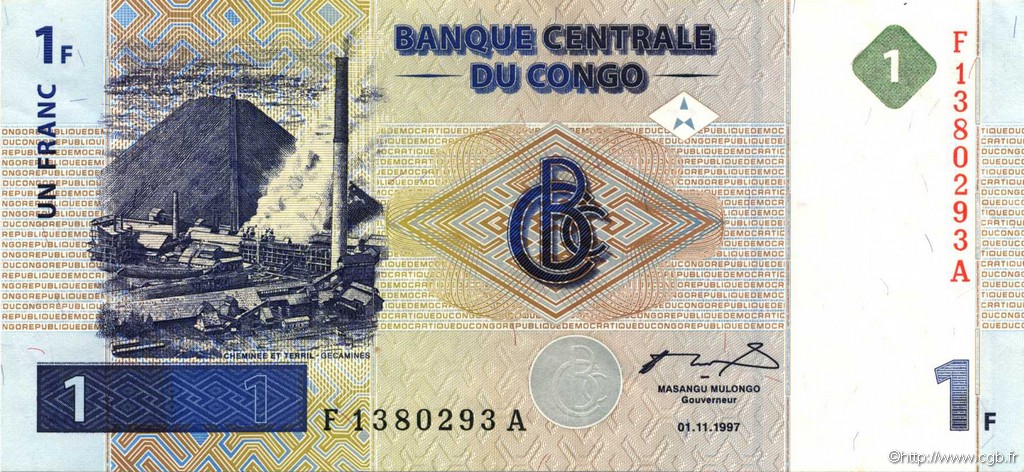 1 Franc CONGO, DEMOCRATIQUE REPUBLIC  1997 P.085a XF