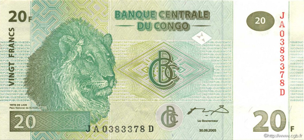 20 Francs REPúBLICA DEMOCRáTICA DEL CONGO  2003 P.094 SC