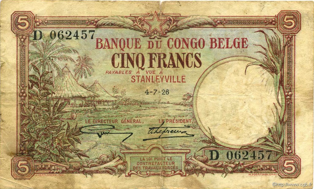 5 Francs BELGIAN CONGO Stanleyville 1926 P.08d F