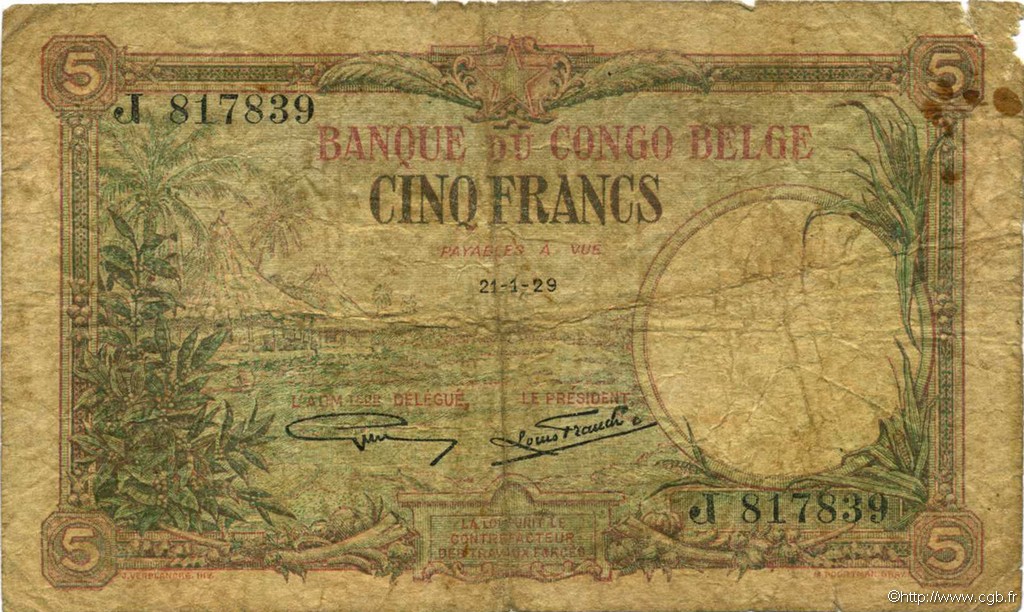 5 Francs BELGIAN CONGO  1929 P.08e P