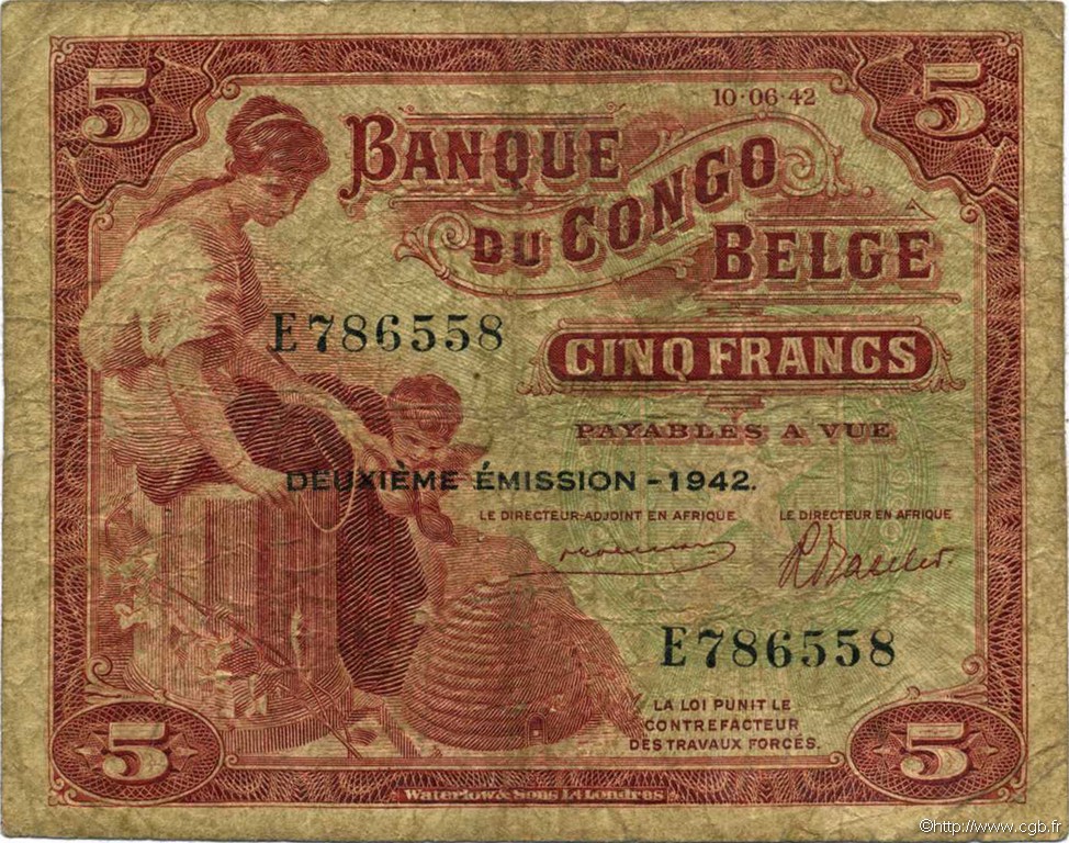 5 Francs BELGIAN CONGO  1942 P.13 VG