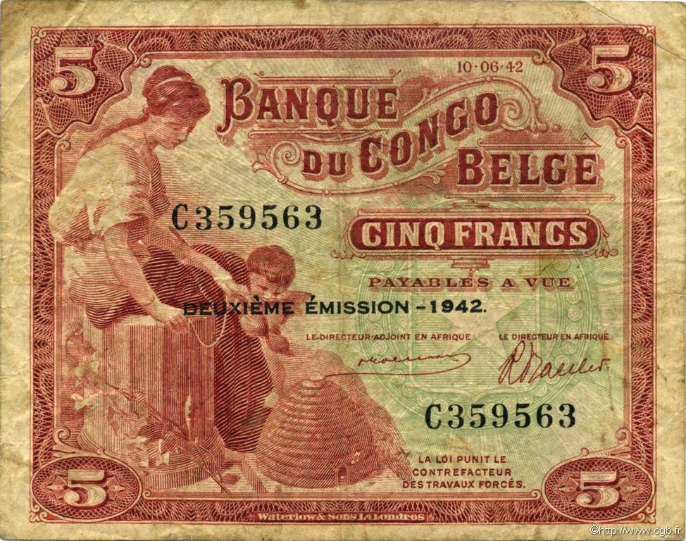 5 Francs BELGISCH-KONGO  1942 P.13 S