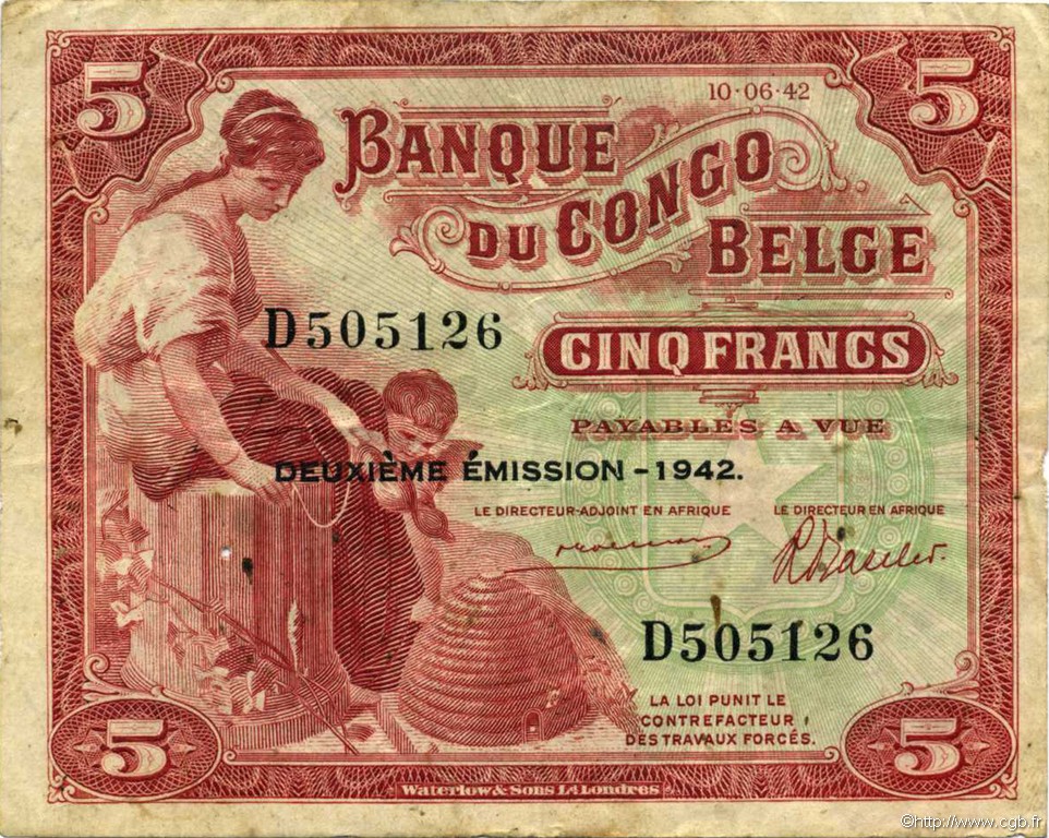 5 Francs BELGIAN CONGO  1942 P.13 VF