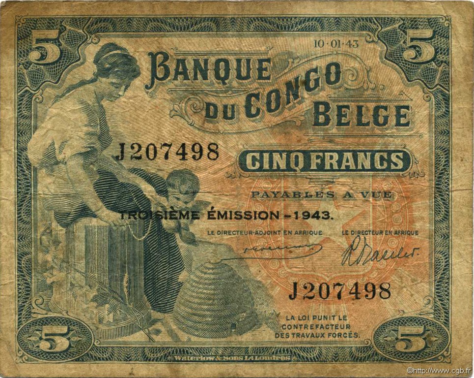 5 Francs BELGIAN CONGO  1943 P.13Aa VG