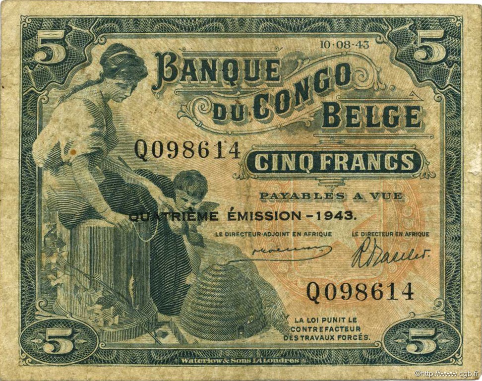 5 Francs BELGIAN CONGO  1943 P.13Ab F