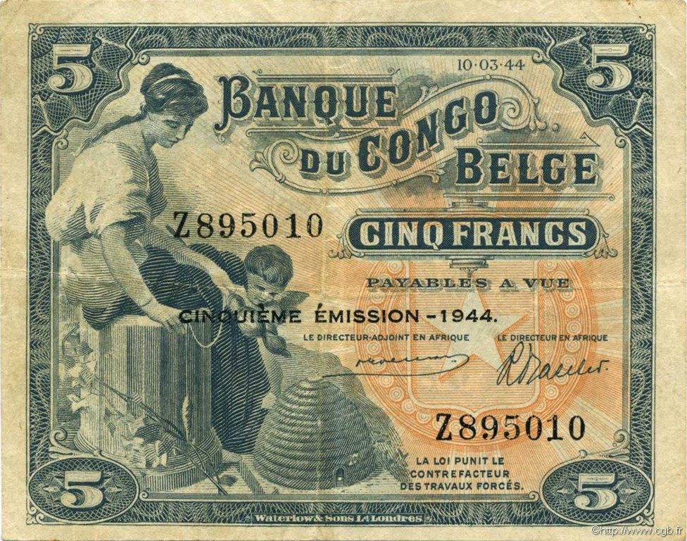 5 Francs BELGIAN CONGO  1944 P.13Ac VF+