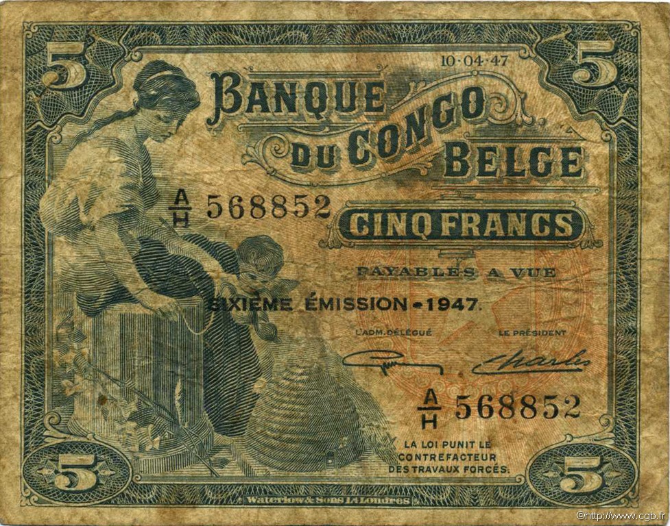 5 Francs BELGIAN CONGO  1947 P.13Ad G