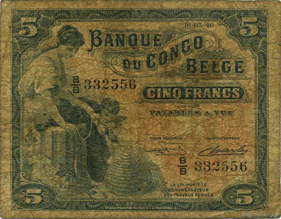 5 Francs BELGIAN CONGO  1949 P.13B G