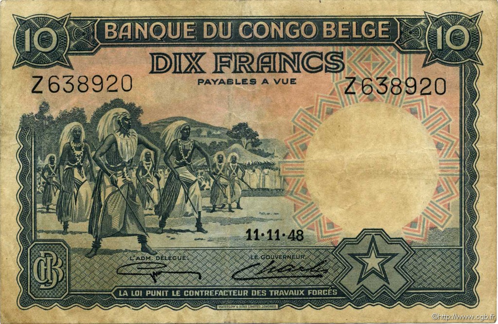 10 Francs CONGO BELGA  1948 P.14E BB
