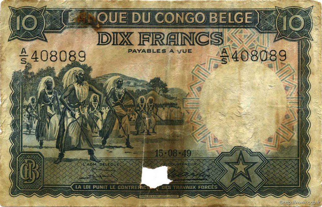 10 Francs BELGIAN CONGO  1949 P.14E G