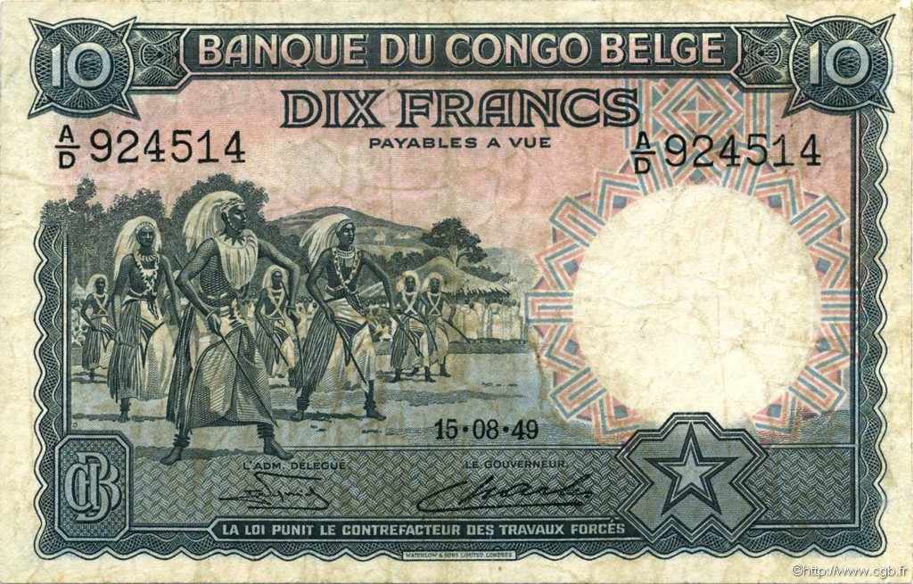 10 Francs CONGO BELGA  1949 P.14E MB
