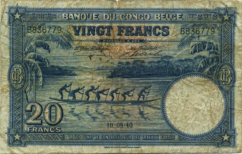 20 Francs CONGO BELGA  1940 P.15 q.MB