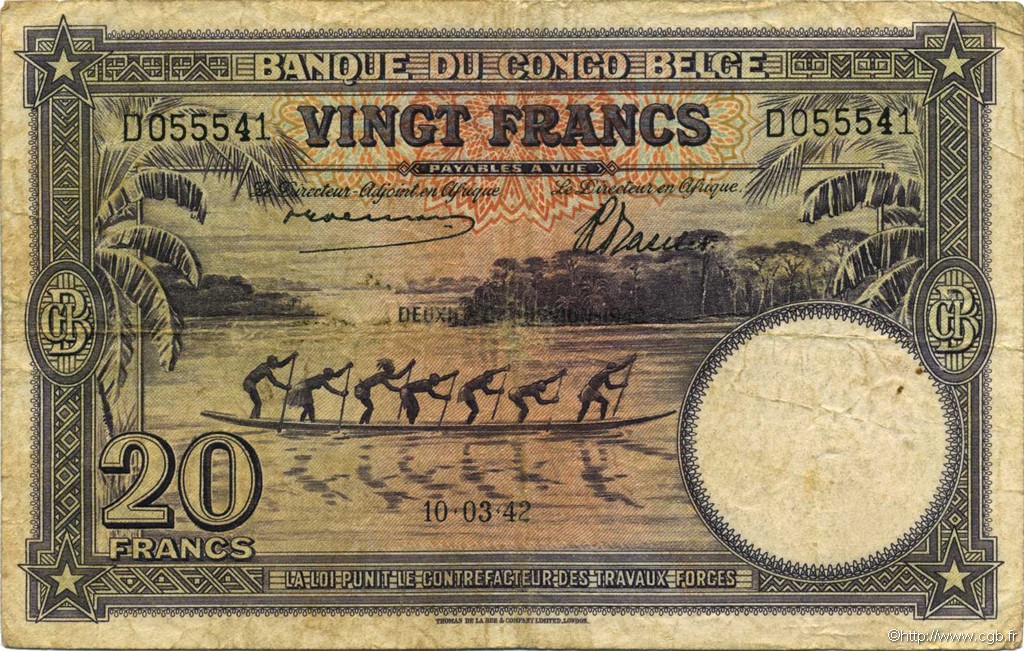 20 Francs CONGO BELGA  1942 P.15A MB