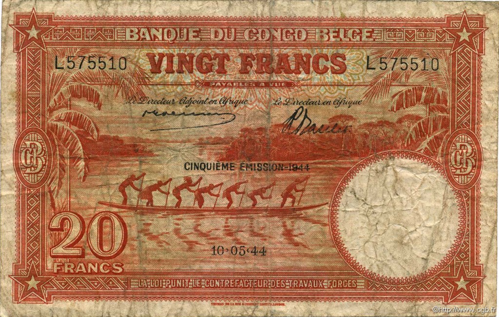 20 Francs BELGIAN CONGO  1944 P.15D VG