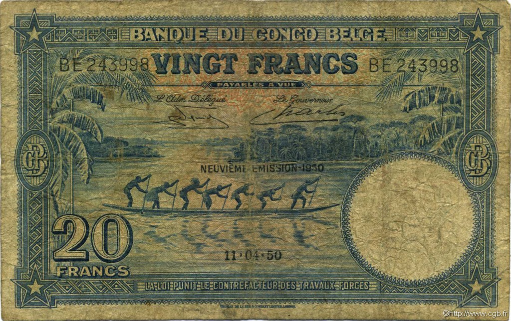 20 Francs CONGO BELGA  1950 P.15H B