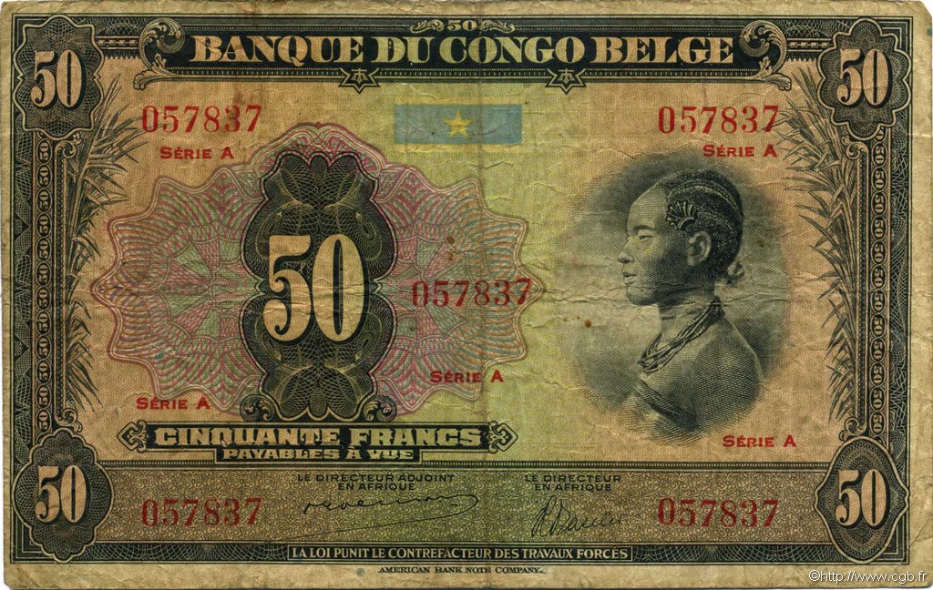 50 Francs BELGIAN CONGO  1941 P.16a VG