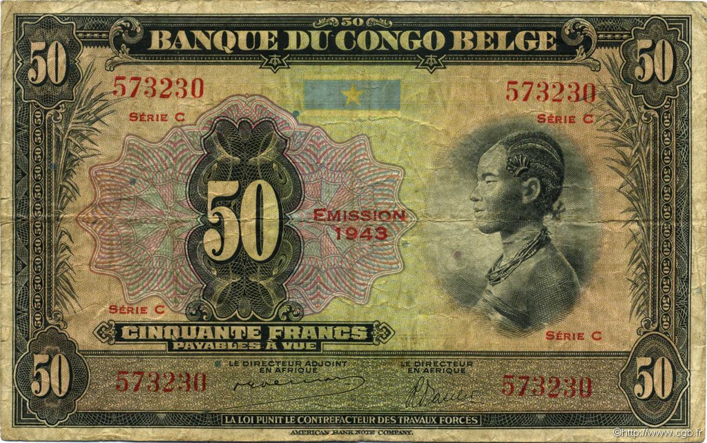 50 Francs BELGIAN CONGO  1943 P.16b F