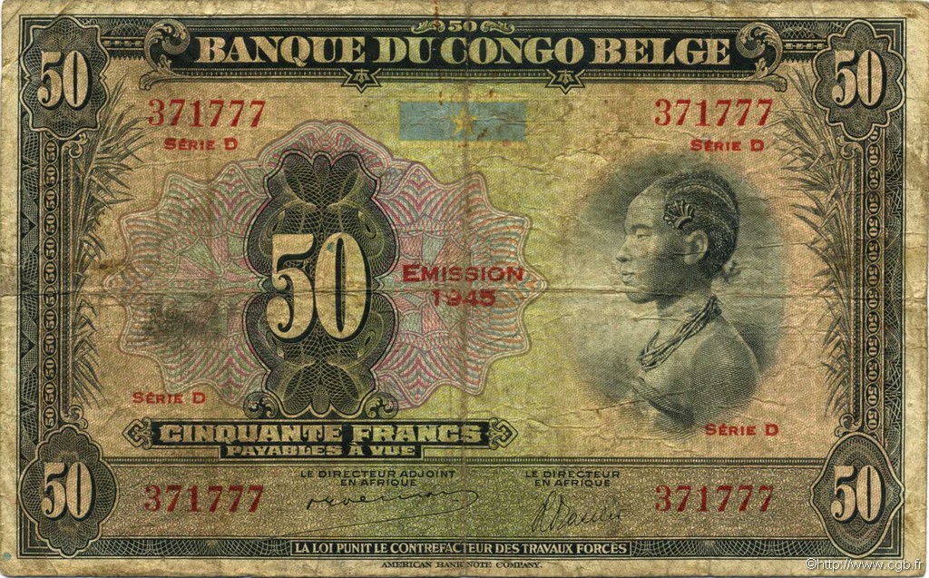 50 Francs BELGISCH-KONGO  1945 P.16c fS
