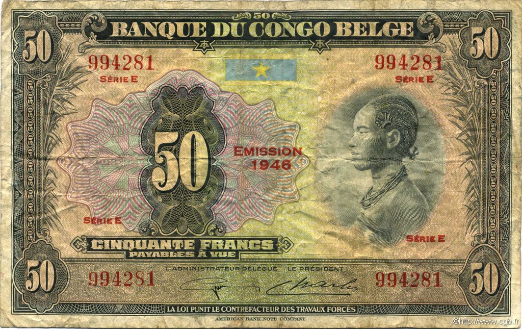 50 Francs BELGIAN CONGO  1946 P.16d F-
