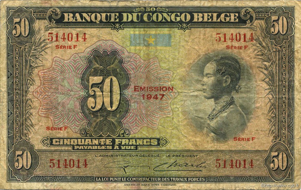 50 Francs BELGIAN CONGO  1947 P.16e F-