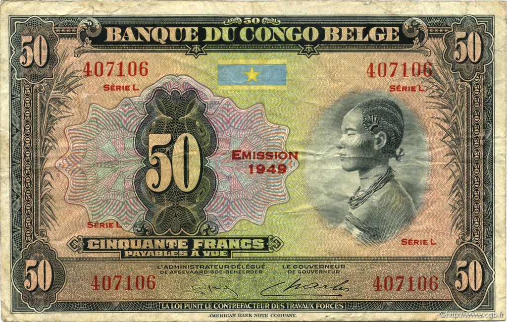 50 Francs BELGIAN CONGO  1949 P.16g VF
