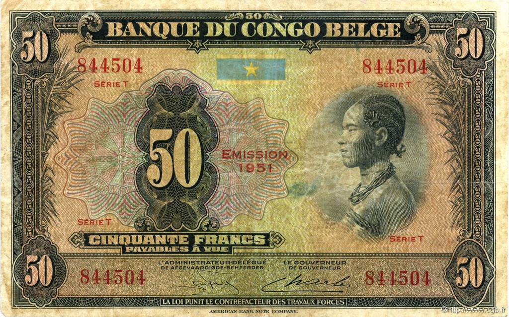 50 Francs BELGIAN CONGO  1951 P.16i VG