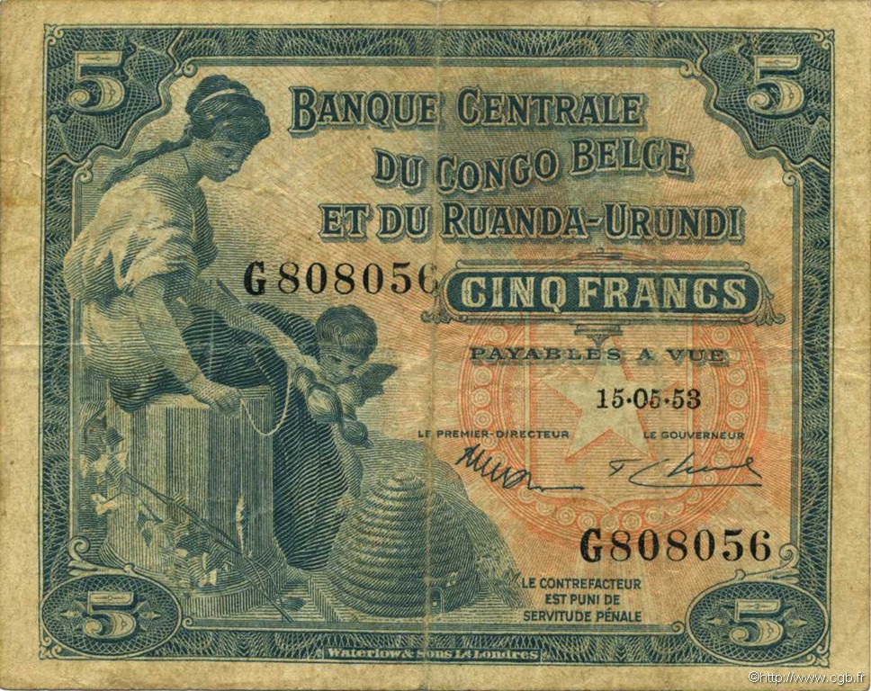 5 Francs BELGA CONGO  1953 P.21 BC+
