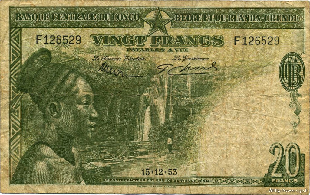 20 Francs BELGIAN CONGO  1953 P.26 VG
