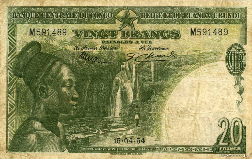 20 Francs CONGO BELGE  1954 P.26 TB