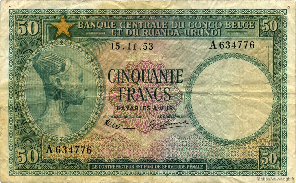 50 Francs CONGO BELGA  1953 P.27a q.BB