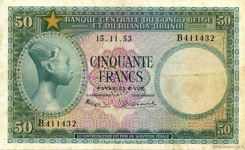 50 Francs BELGIAN CONGO  1953 P.27a VF-