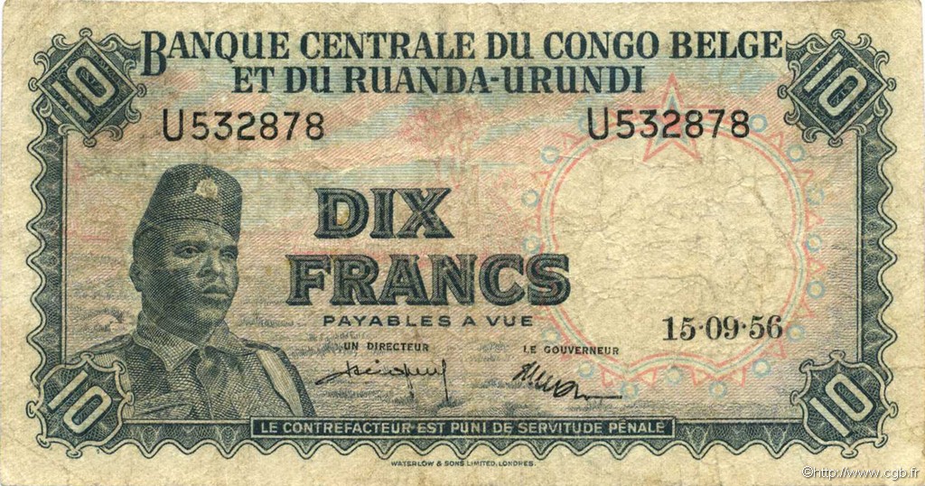 10 Francs BELGIAN CONGO  1956 P.30b F