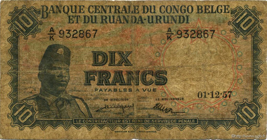 10 Francs BELGIAN CONGO  1957 P.30b G