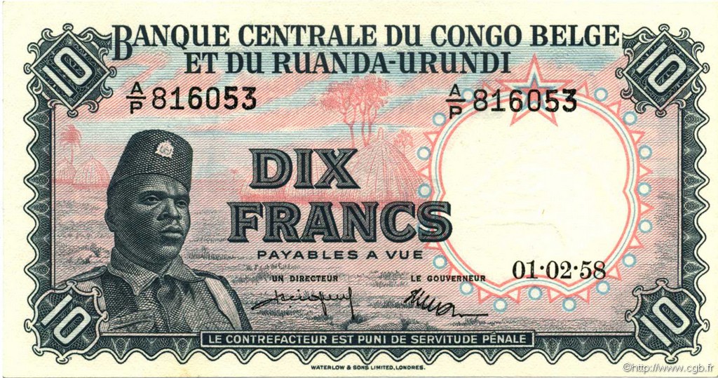 10 Francs BELGA CONGO  1958 P.30b EBC+