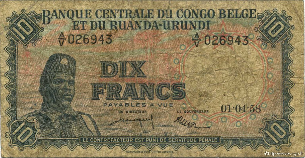 10 Francs BELGA CONGO  1958 P.30b RC