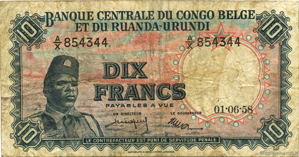 10 Francs BELGIAN CONGO  1958 P.30b F
