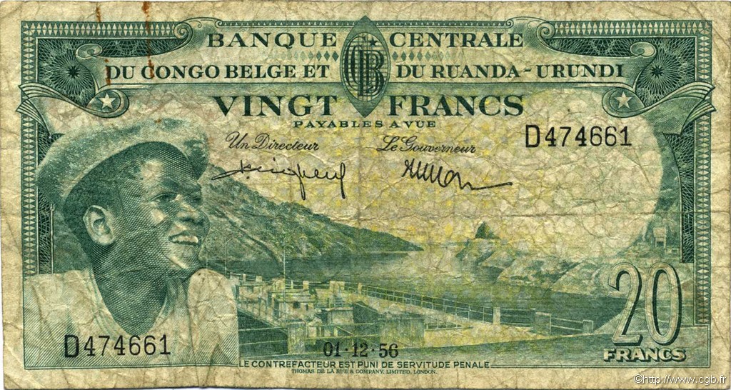 20 Francs BELGIAN CONGO  1956 P.31 G