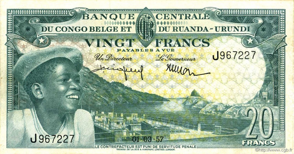 20 Francs BELGIAN CONGO  1957 P.31 VF+