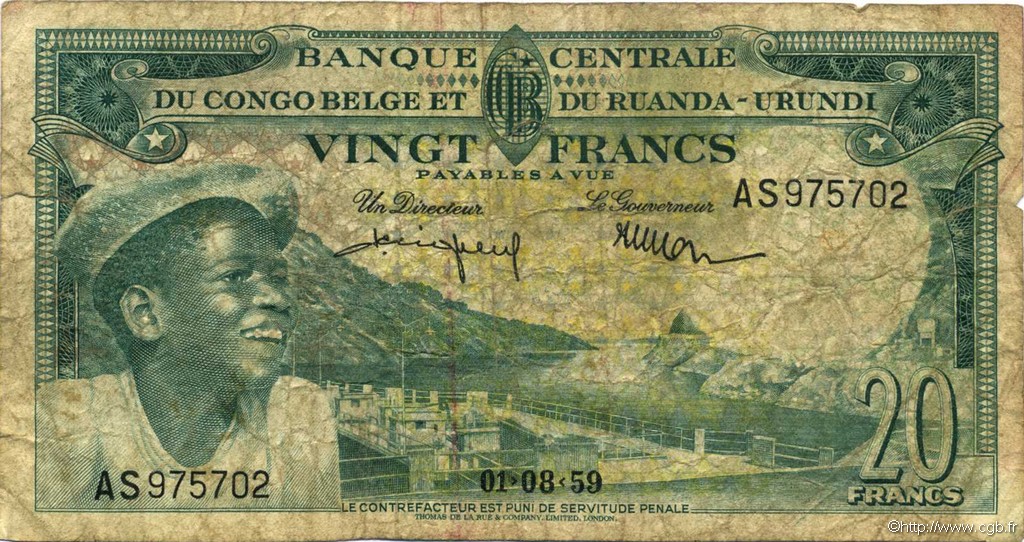 20 Francs BELGIAN CONGO  1959 P.31 G