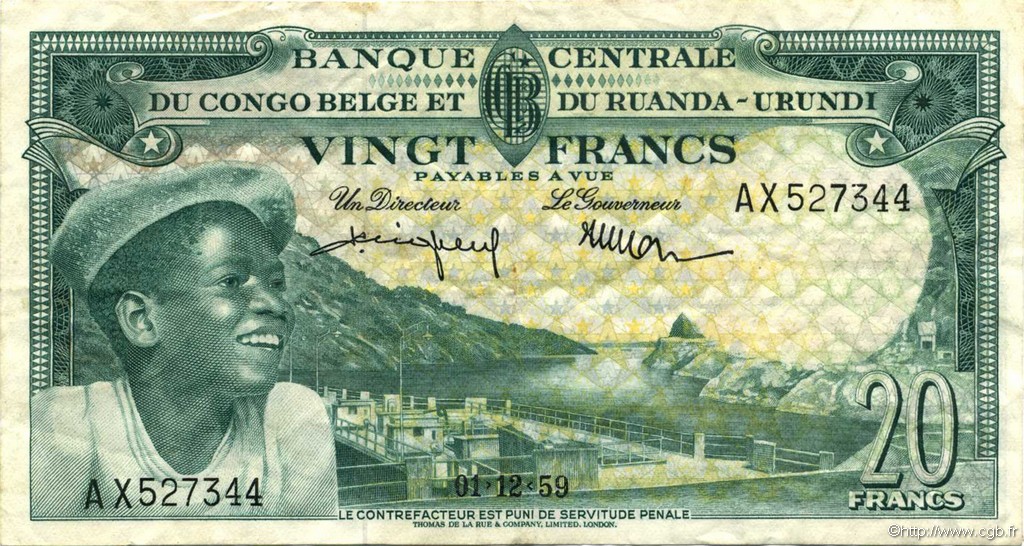 20 Francs BELGIAN CONGO  1959 P.31 VF+