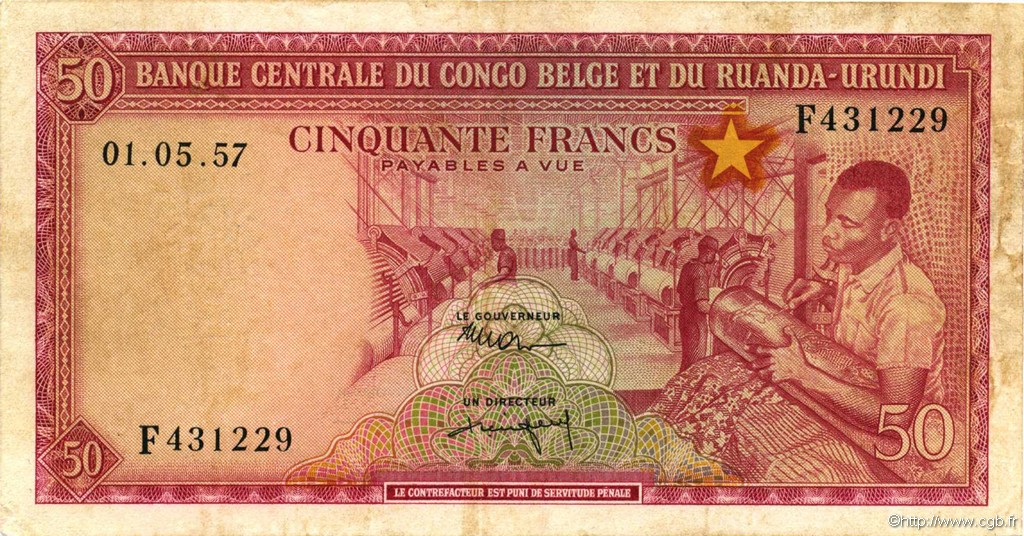 50 Francs BELGIAN CONGO  1957 P.32 VF