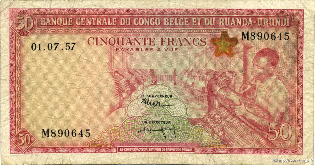 50 Francs BELGIAN CONGO  1957 P.32 VG