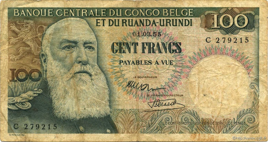 100 Francs BELGA CONGO  1955 P.33a BC+